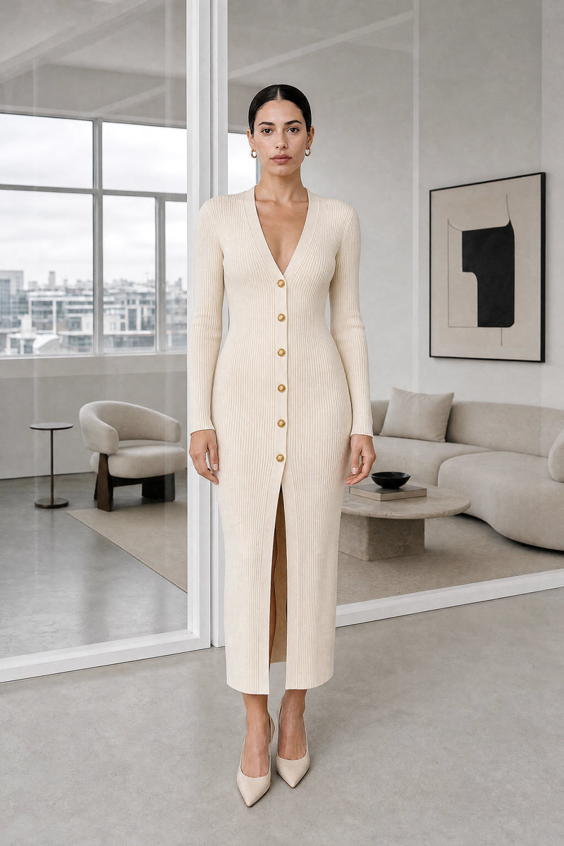 Dorothy | Knit Midi Dress in Beige, studio front view