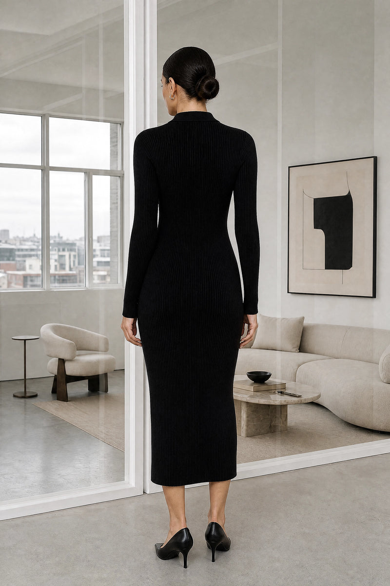 Dorothy | Knit Midi Dress in Black, studio back view