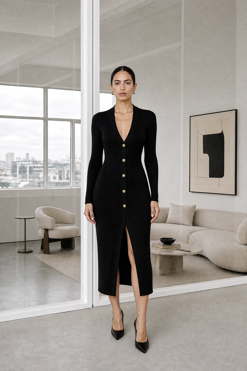 Dorothy | Knit Midi Dress in Black, studio front view