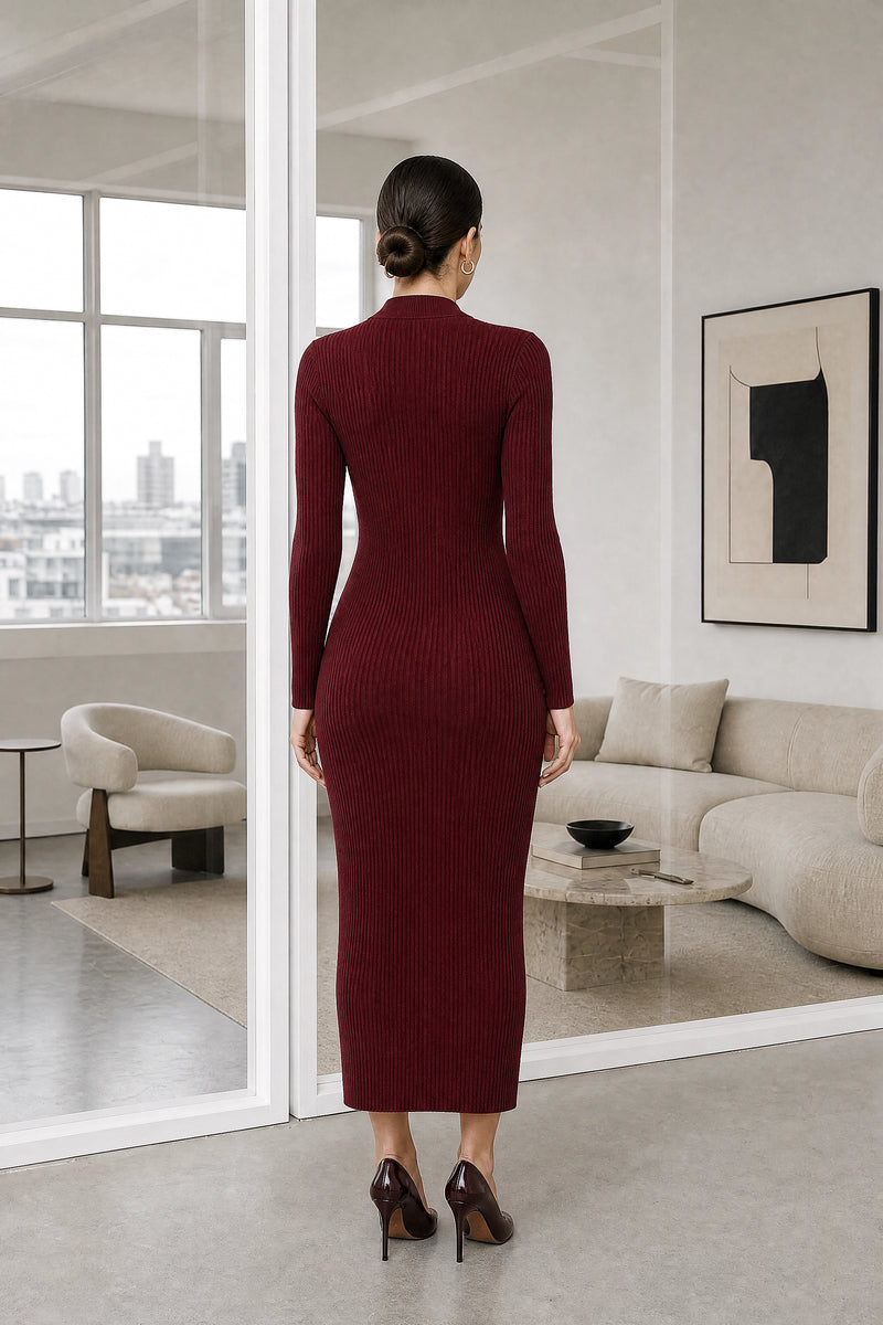 Dorothy | Knit Midi Dress in Burgundy, studio back view