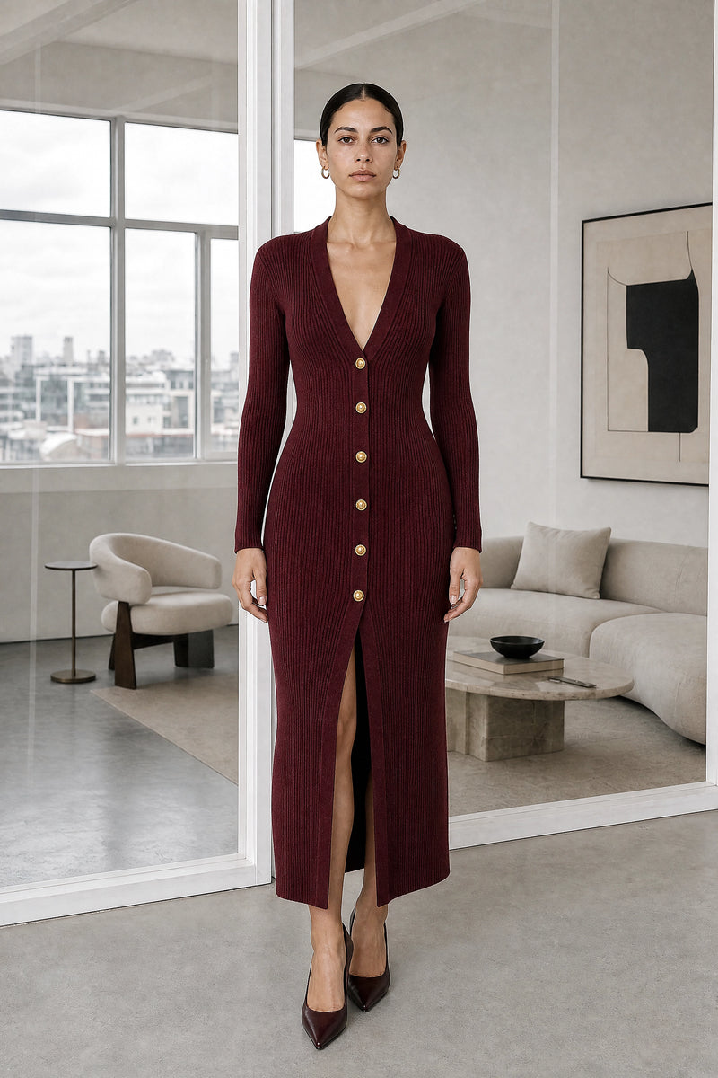 Dorothy | Knit Midi Dress in Burgundy, studio front view