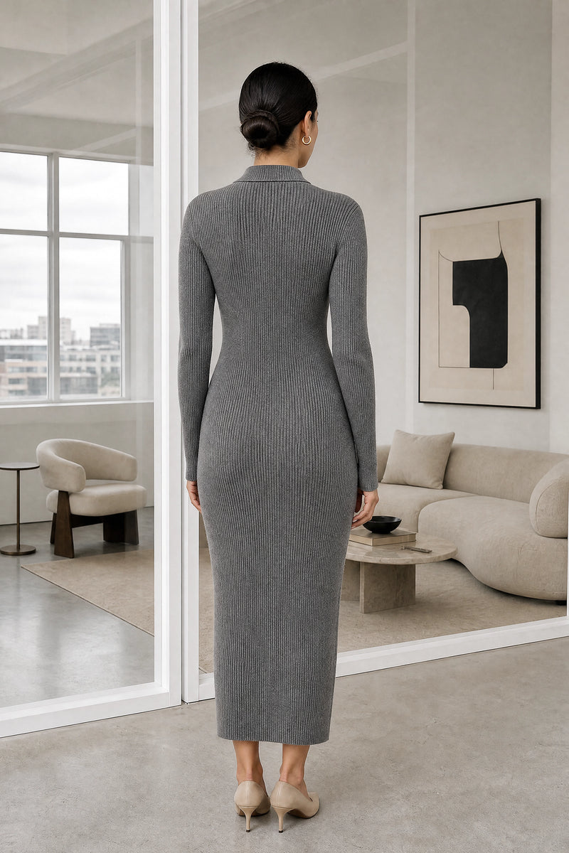 Dorothy | Knit Midi Dress in Gray, studio back view
