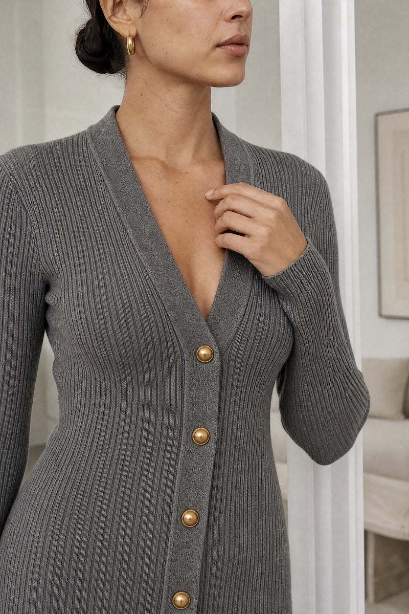 Dorothy | Knit Midi Dress in Gray, fabric close-up