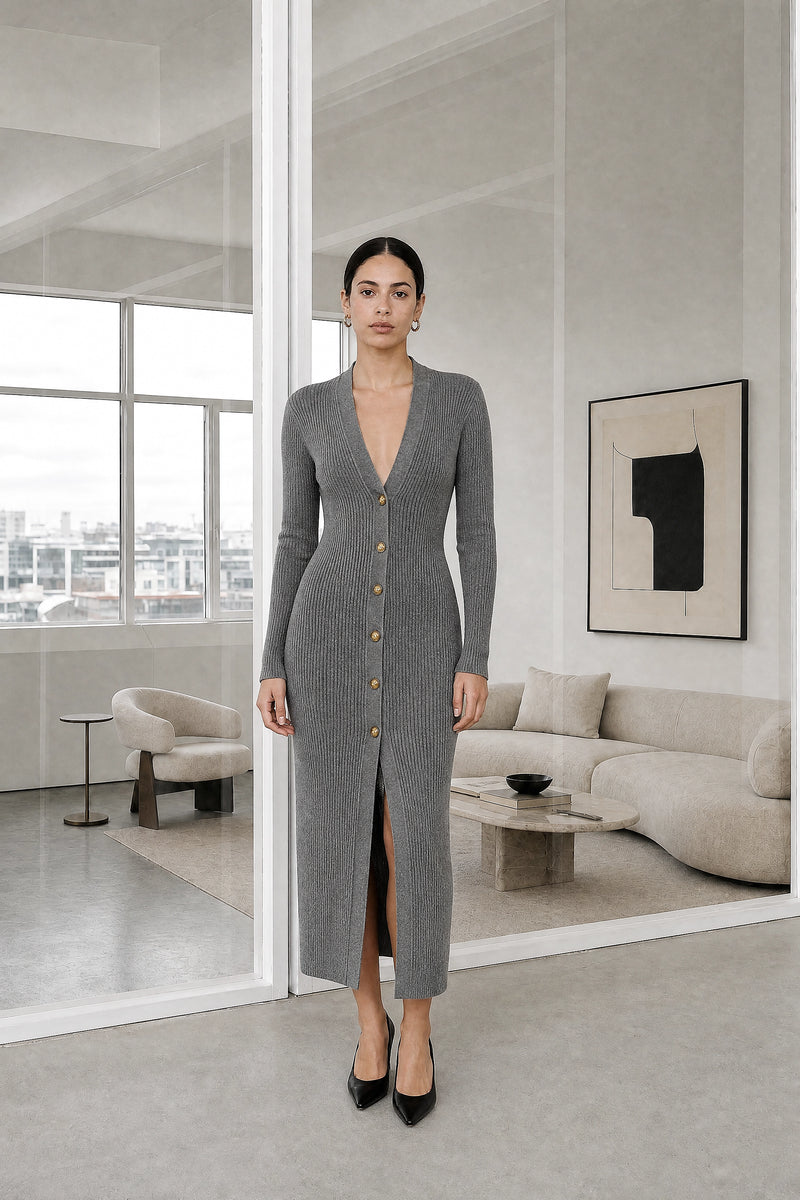 Dorothy | Knit Midi Dress in Gray, studio front view