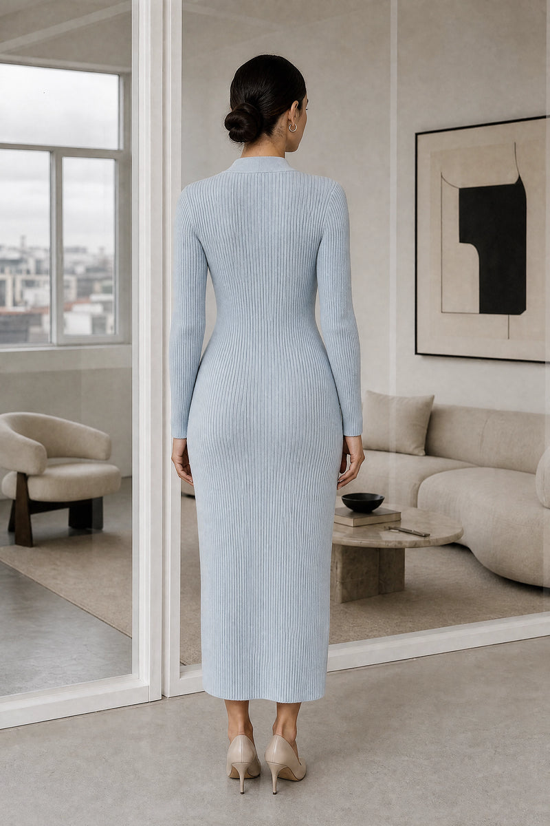 Dorothy | Knit Midi Dress in Light Blue, studio back view