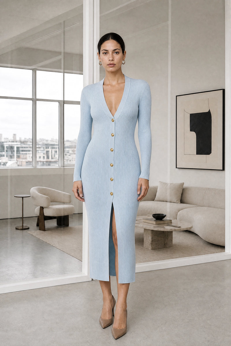 Dorothy | Knit Midi Dress in Light Blue, studio front view