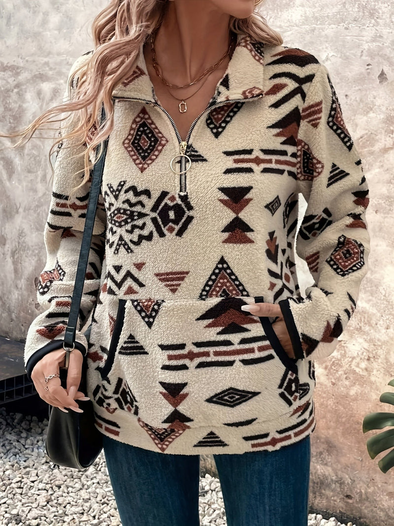 Aztec Quarter Zip Fleece Pullover for Women with Kangaroo Pocket in Cream, angled front view