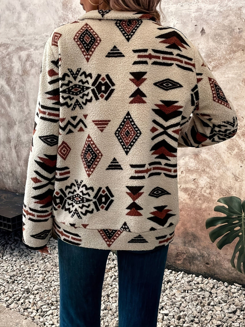 Aztec Quarter Zip Fleece Pullover for Women with Kangaroo Pocket in Cream, back view