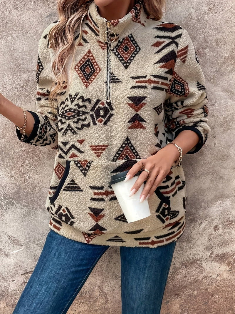 Aztec Quarter Zip Fleece Pullover for Women with Kangaroo Pocket in Cream, styled view