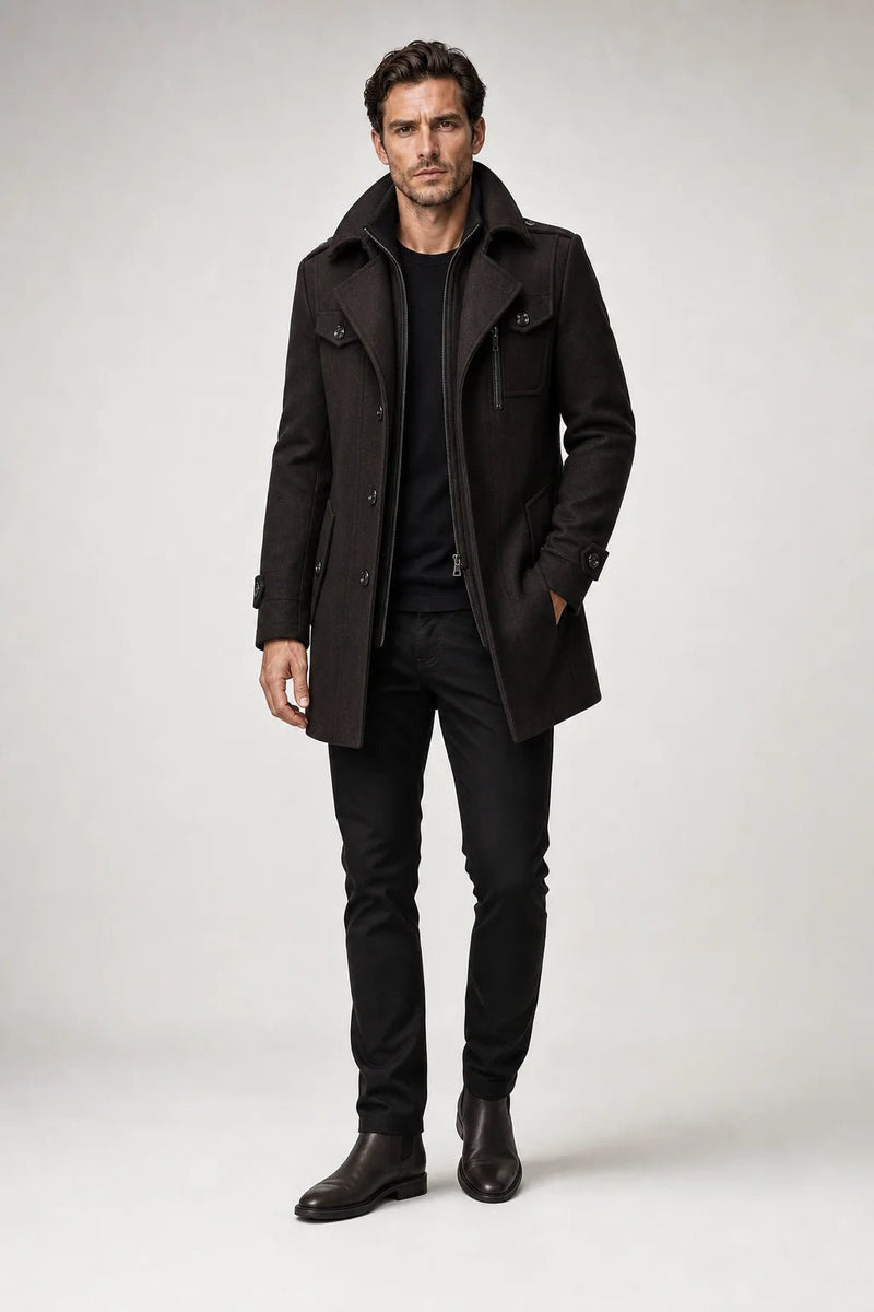 Sofaine Dylan two-piece winter coat with zip-up inner layer in dark brown, worn front view