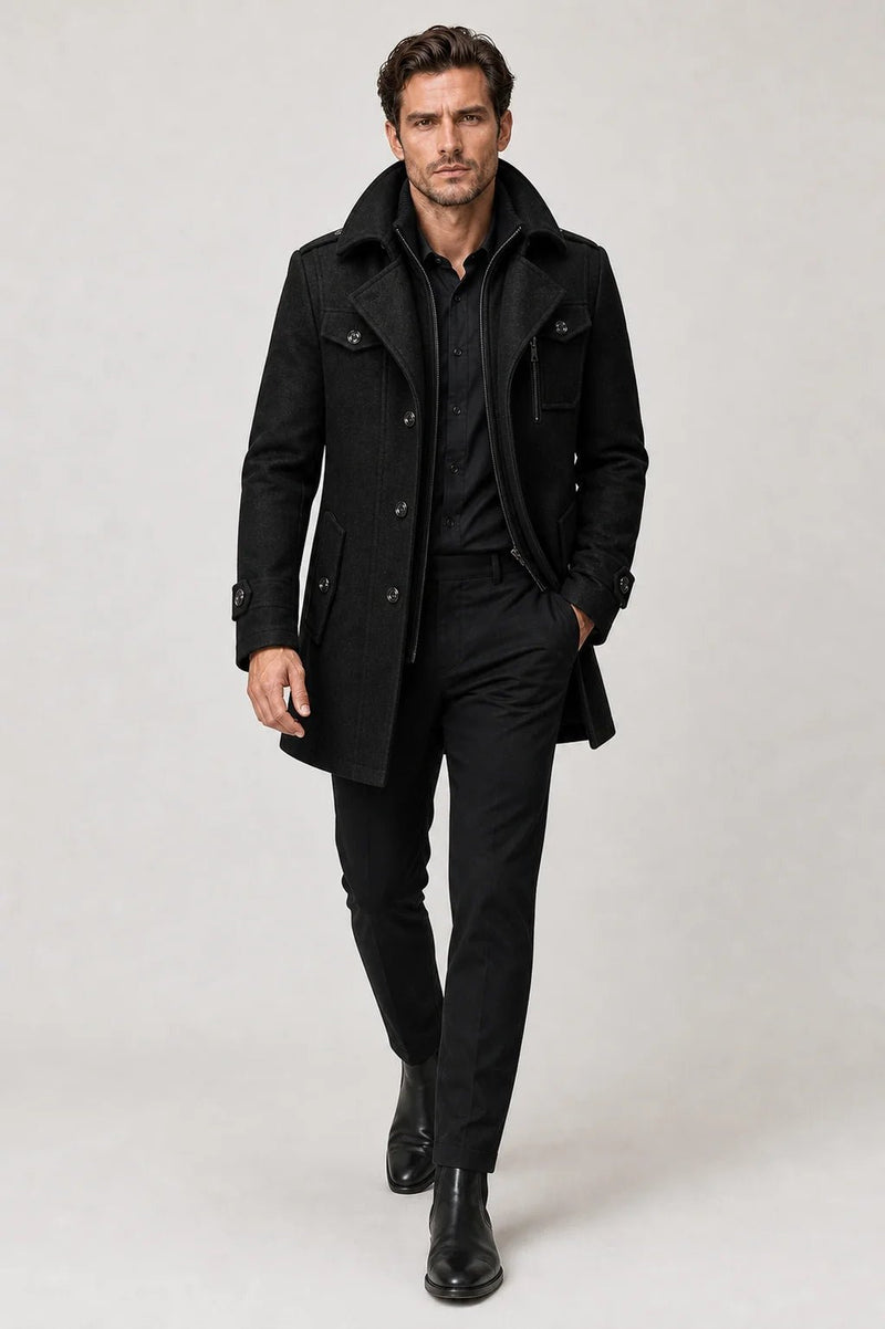 Sofaine Dylan black two-piece winter coat over black trousers and boots, styled full look