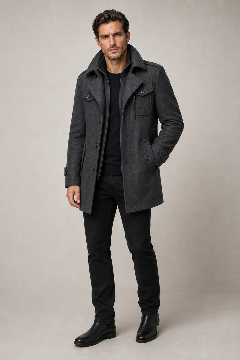 Sofaine Dylan two-piece winter coat with zip-up inner layer in charcoal grey, worn front view