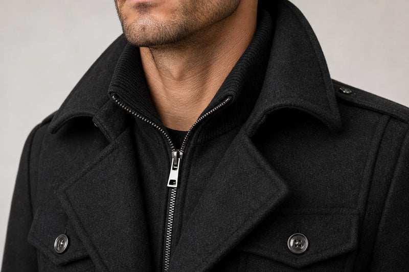 Sofaine Dylan winter coat, close-up detail of black collar, zip-up inner layer and flap pockets