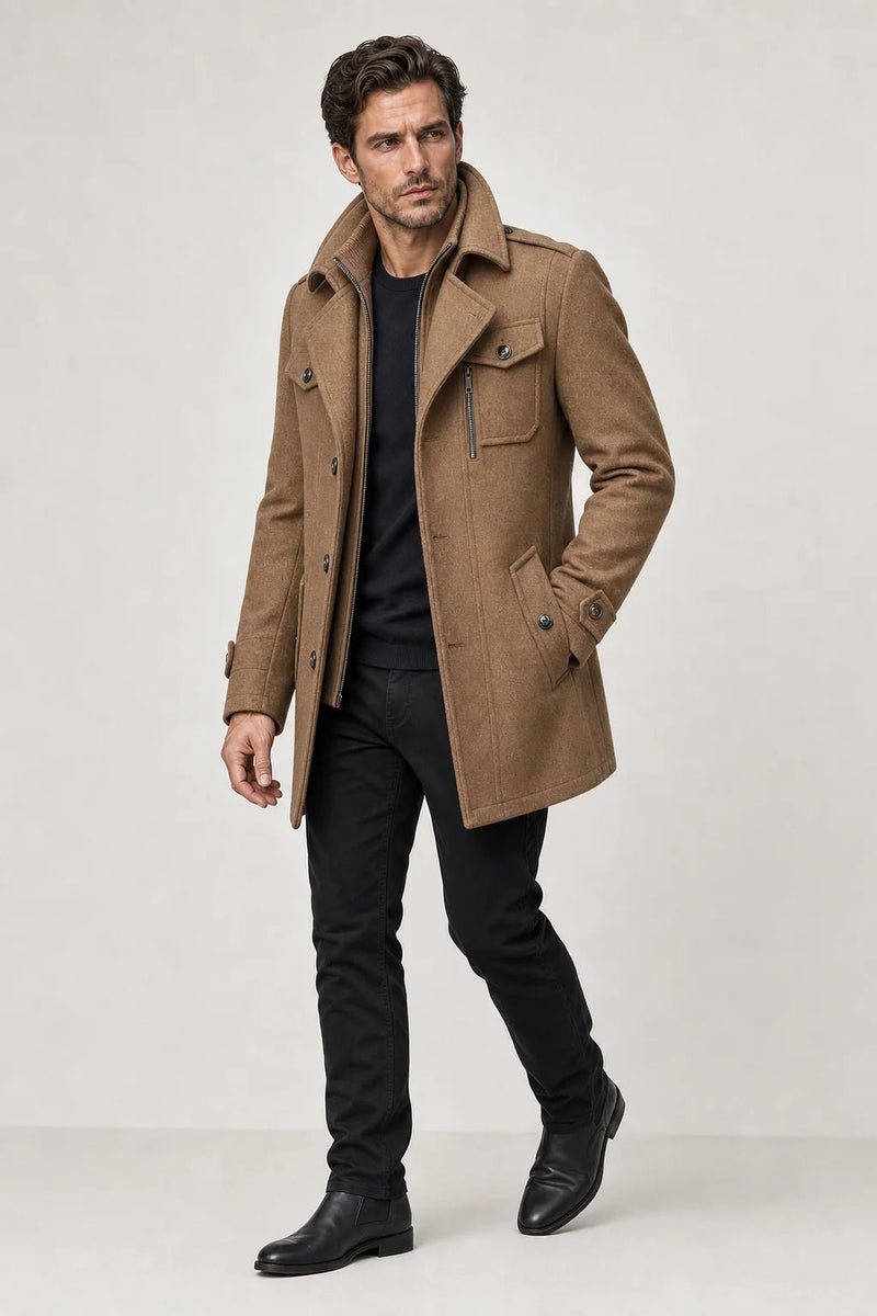 Sofaine Dylan two-piece winter coat with zip-up inner layer in camel, worn front view