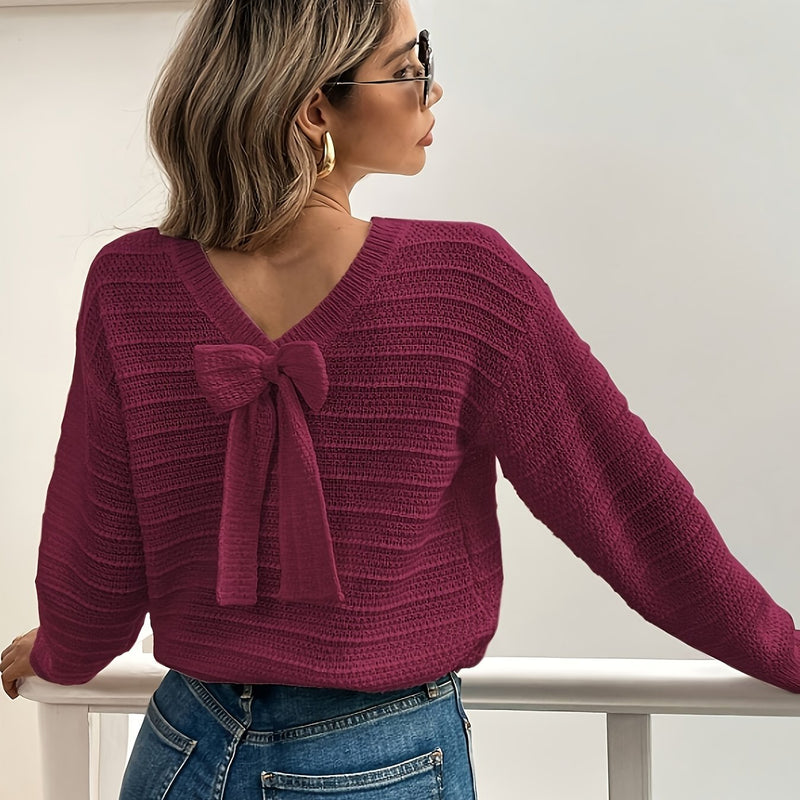 Pernille | Sweater med sløjfe i Blomme, bagfra