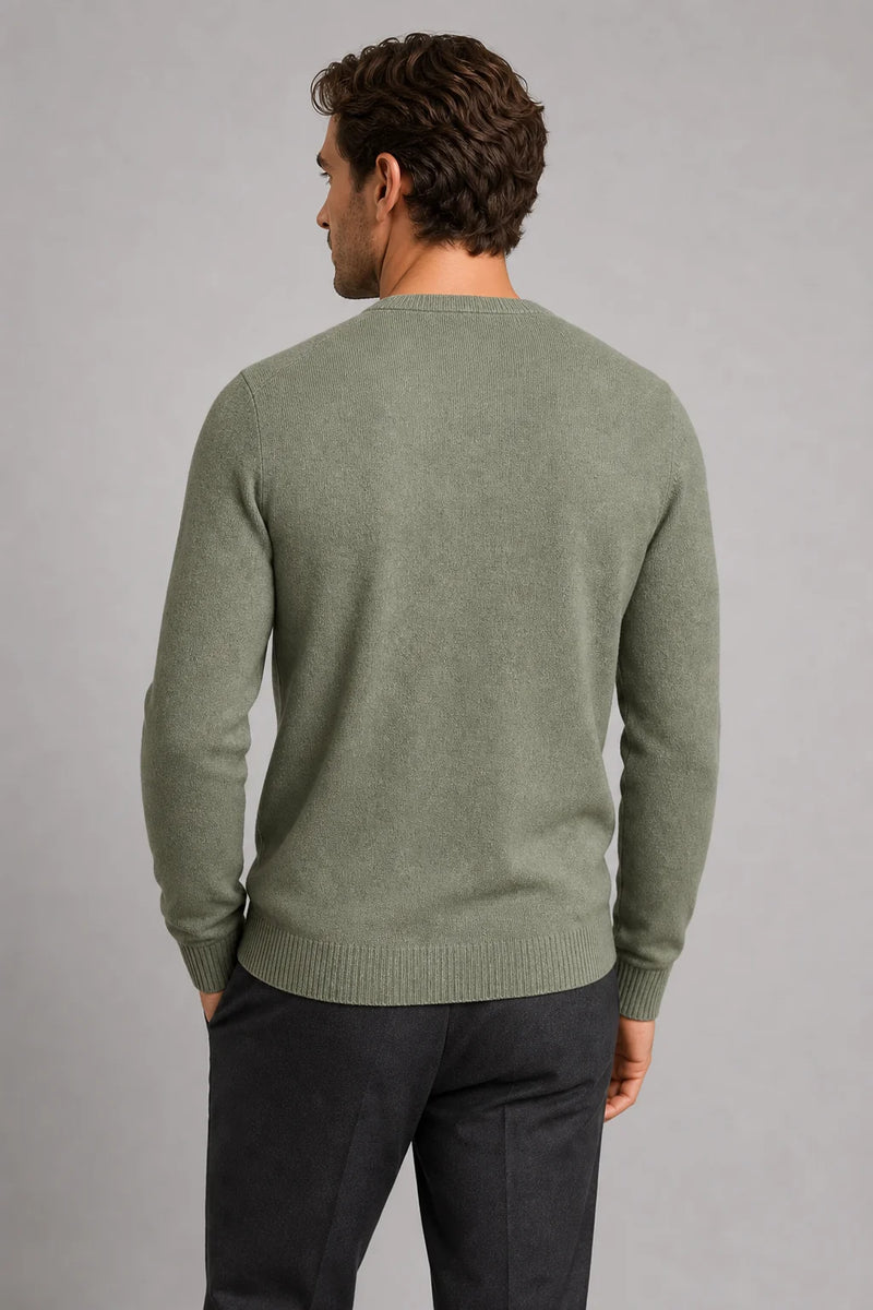 Sofaine Ezekiel cashmere V-neck sweater in Green, back view worn