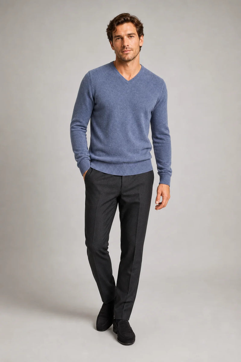 Sofaine Ezekiel cashmere V-neck sweater in Blue, worn front