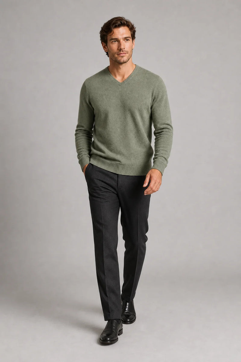 Sofaine Ezekiel cashmere V-neck sweater in Green, styled full-length walk