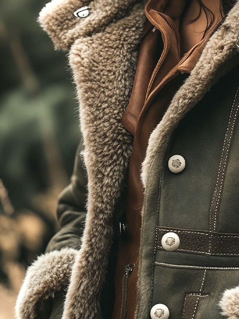 Suede-Look Faux Shearling Jacket for Women with Faux Fur Collar and Cuffs in Green, collar detail