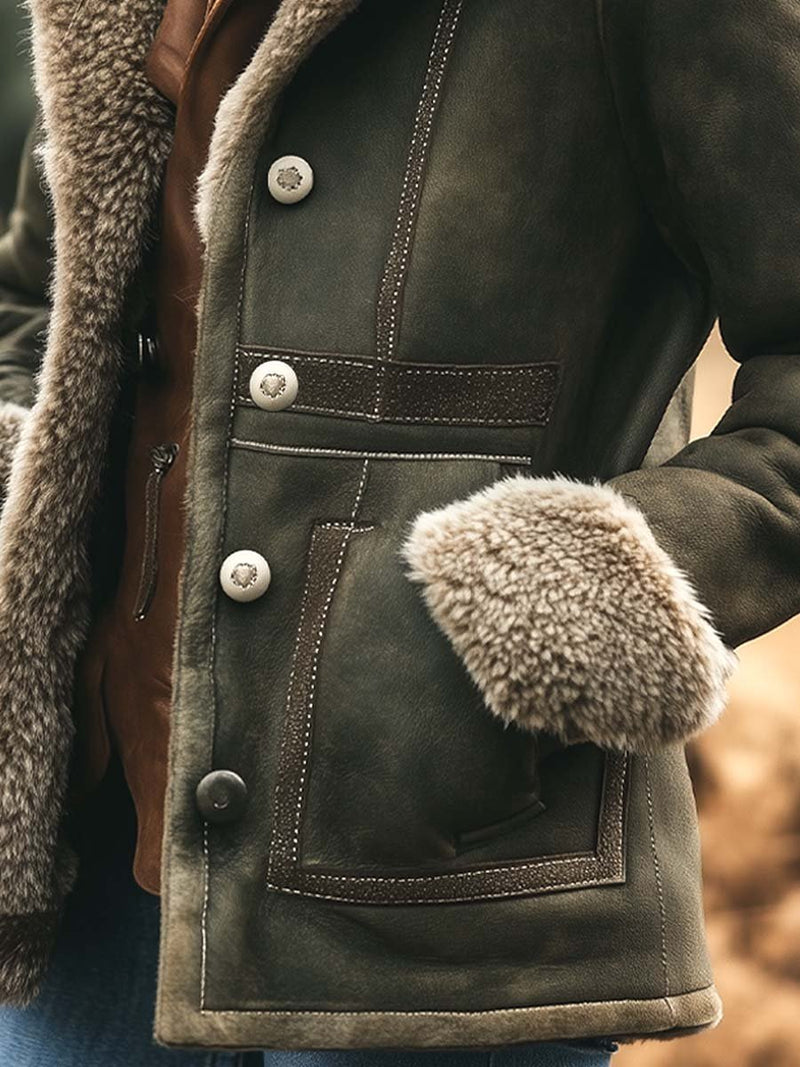 Suede-Look Faux Shearling Jacket for Women with Faux Fur Collar and Cuffs in Green, pocket detail