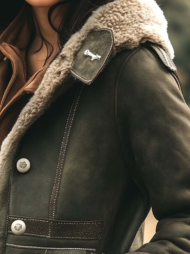 Suede-Look Faux Shearling Jacket for Women with Faux Fur Collar and Cuffs in Green, shoulder detail