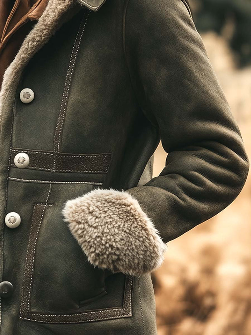 Suede-Look Faux Shearling Jacket for Women with Faux Fur Collar and Cuffs in Green, side detail