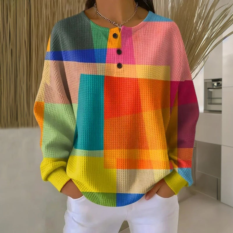 Color Block Waffle Knit Sweatshirt for Women with Button Placket in Multicolored, front view close