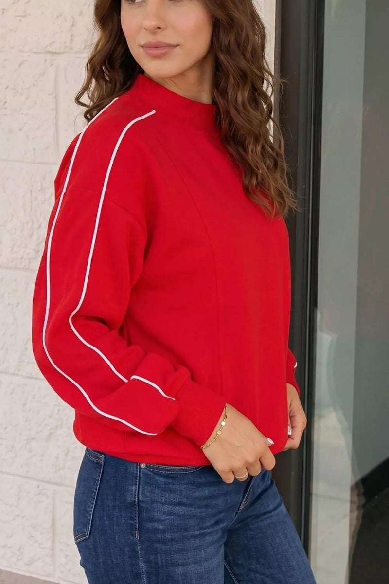 Mock Neck Sweatshirt for Women with Contrast Piping and Thumbholes in Red, angled front view