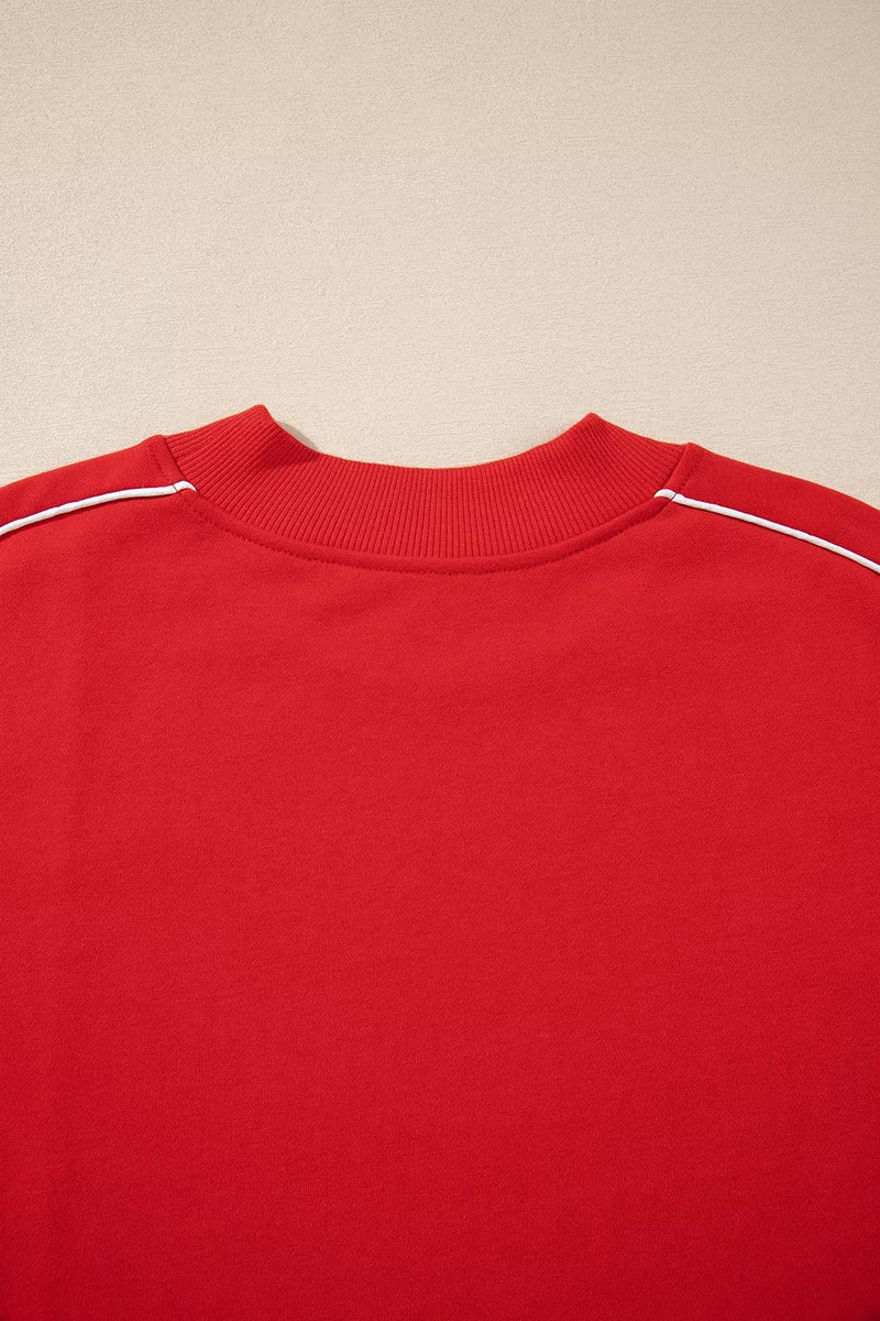 Mock Neck Sweatshirt for Women with Contrast Piping and Thumbholes in Red, back collar detail