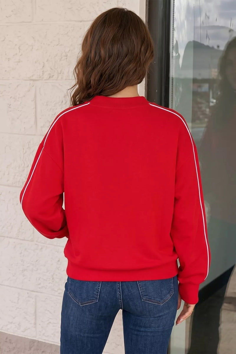 Mock Neck Sweatshirt for Women with Contrast Piping and Thumbholes in Red, back view