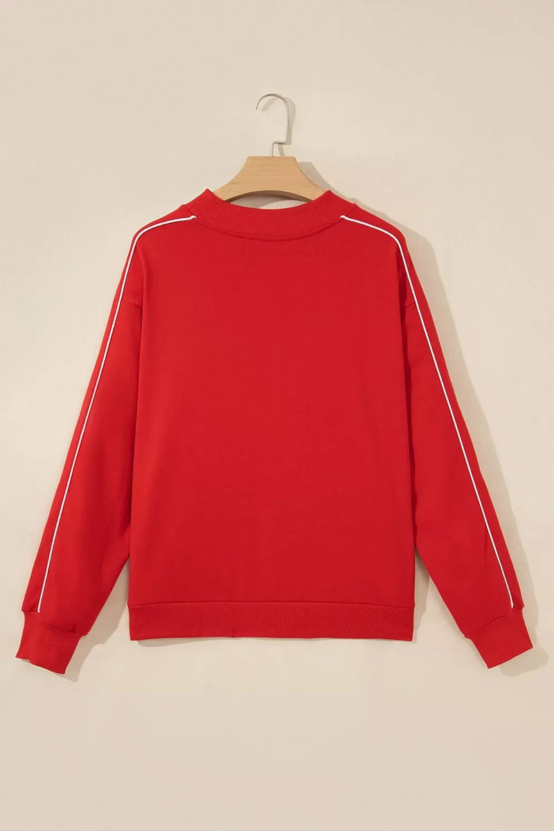 Mock Neck Sweatshirt for Women with Contrast Piping and Thumbholes in Red, back view on hanger