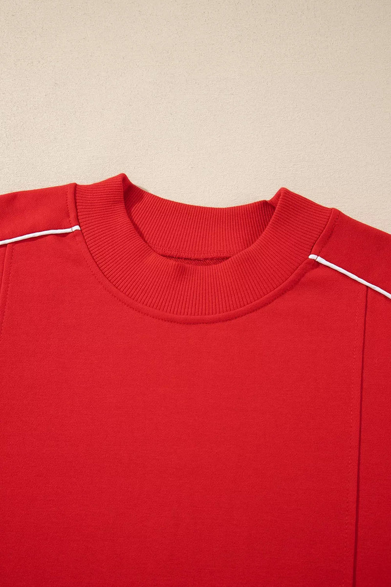 Mock Neck Sweatshirt for Women with Contrast Piping and Thumbholes in Red, collar detail