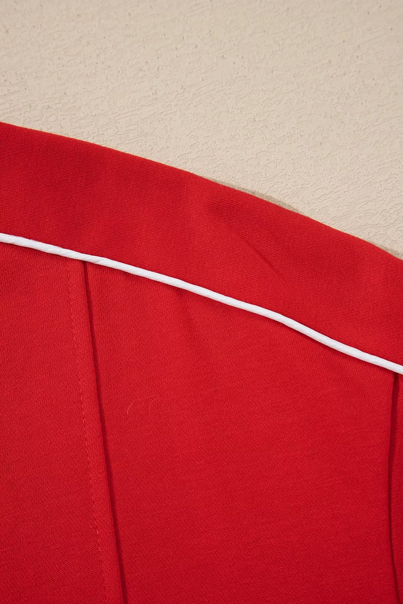 Mock Neck Sweatshirt for Women with Contrast Piping and Thumbholes in Red, piping detail