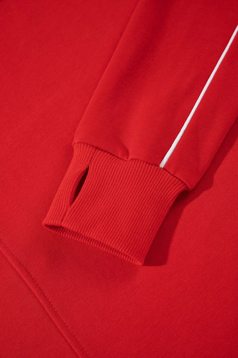 Mock Neck Sweatshirt for Women with Contrast Piping and Thumbholes in Red, thumbhole cuff detail