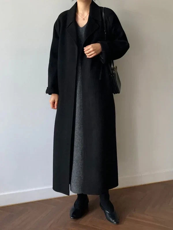 Long Wool-Look Wrap Coat for Women with Tie Belt and Notch Lapels in Black, front view