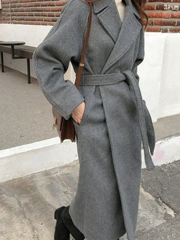 Long Wool-Look Wrap Coat for Women with Tie Belt and Notch Lapels in Gray, styled view