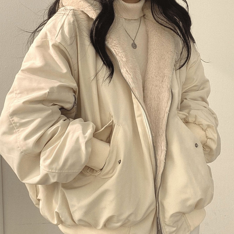 Reversible Oversized Fleece Winter Bomber Jacket for Women with Hood in Beige, front view
