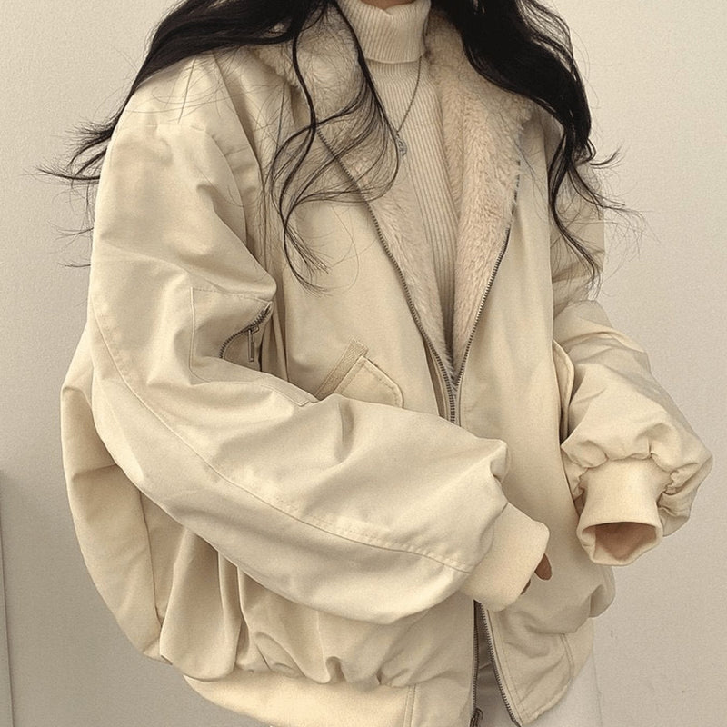 Reversible Oversized Fleece Winter Bomber Jacket for Women with Hood in Beige, open front view