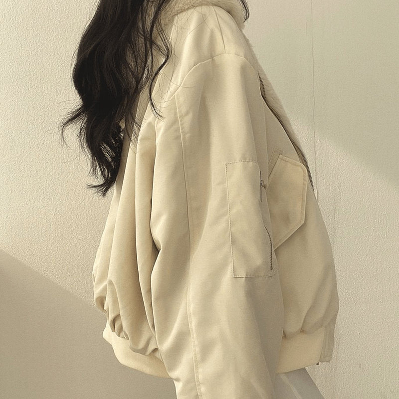 Reversible Oversized Fleece Winter Bomber Jacket for Women with Hood in Beige, side view