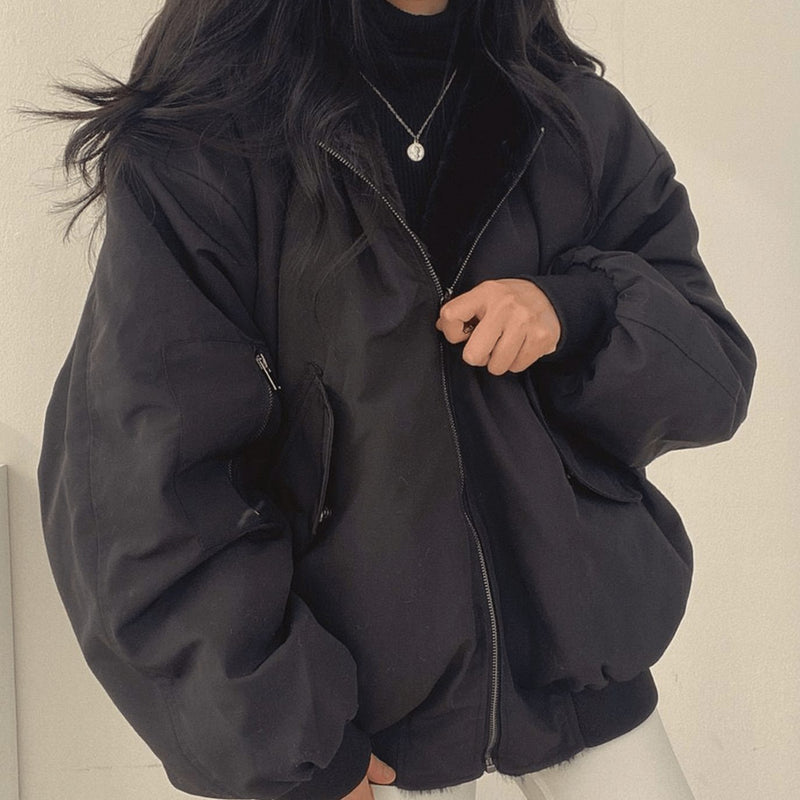 Reversible Oversized Fleece Winter Bomber Jacket for Women with Hood in Black, front view