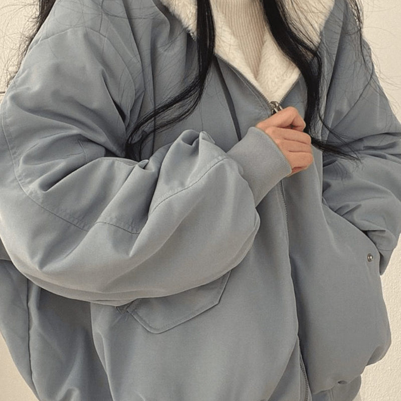 Reversible Oversized Fleece Winter Bomber Jacket for Women with Hood in Blue, close-up