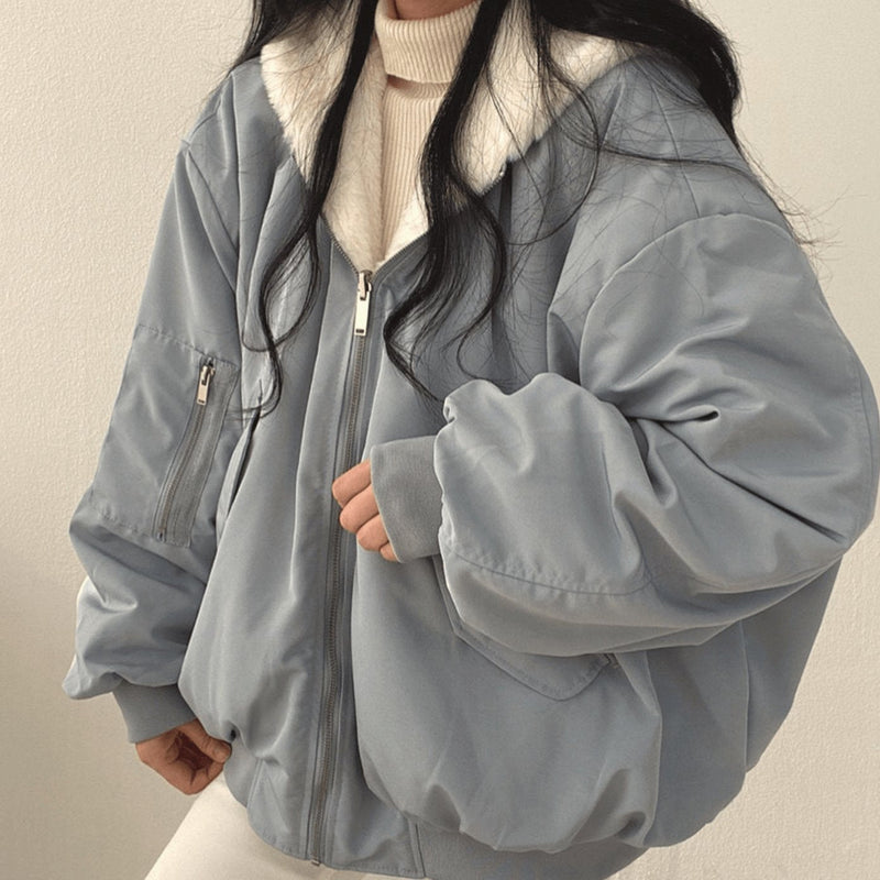 Reversible Oversized Fleece Winter Bomber Jacket for Women with Hood in Blue, front view