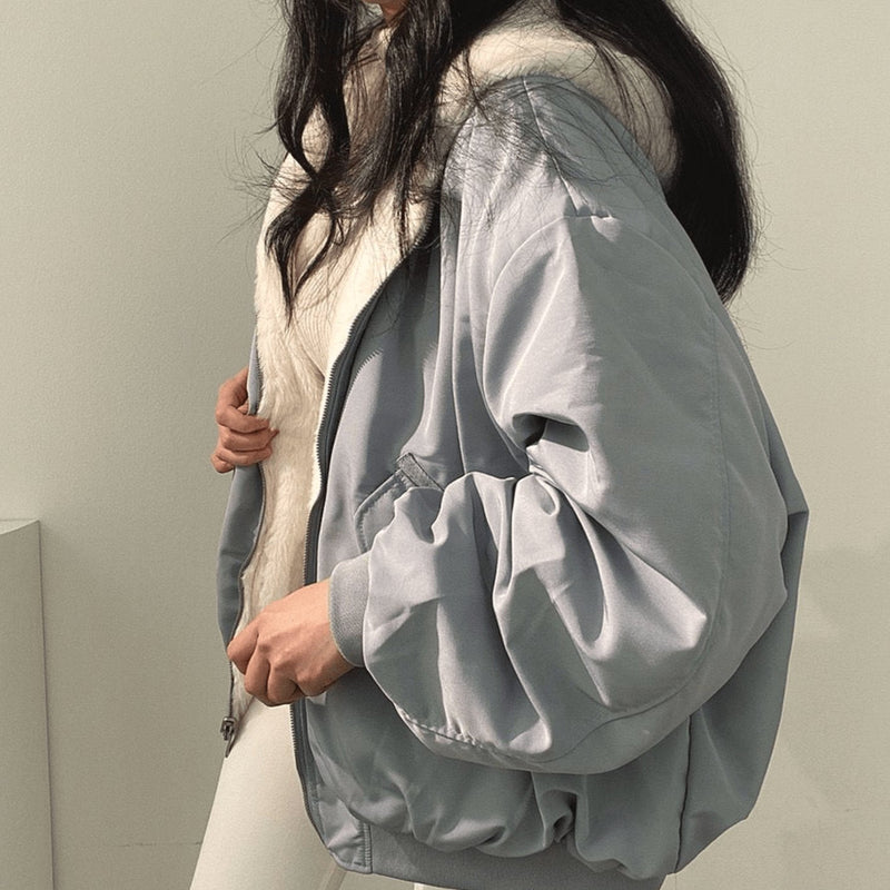 Reversible Oversized Fleece Winter Bomber Jacket for Women with Hood in Blue, open front view