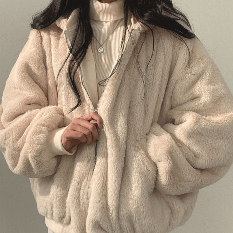 Reversible Oversized Fleece Winter Bomber Jacket for Women with Hood, fleece side out front view