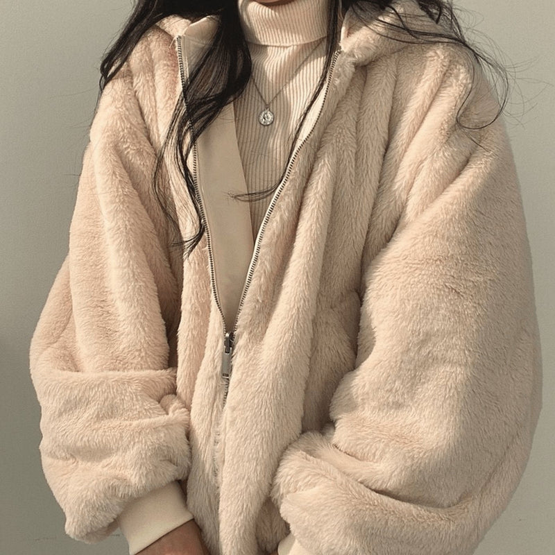Reversible Oversized Fleece Winter Bomber Jacket for Women with Hood, fleece side out side view
