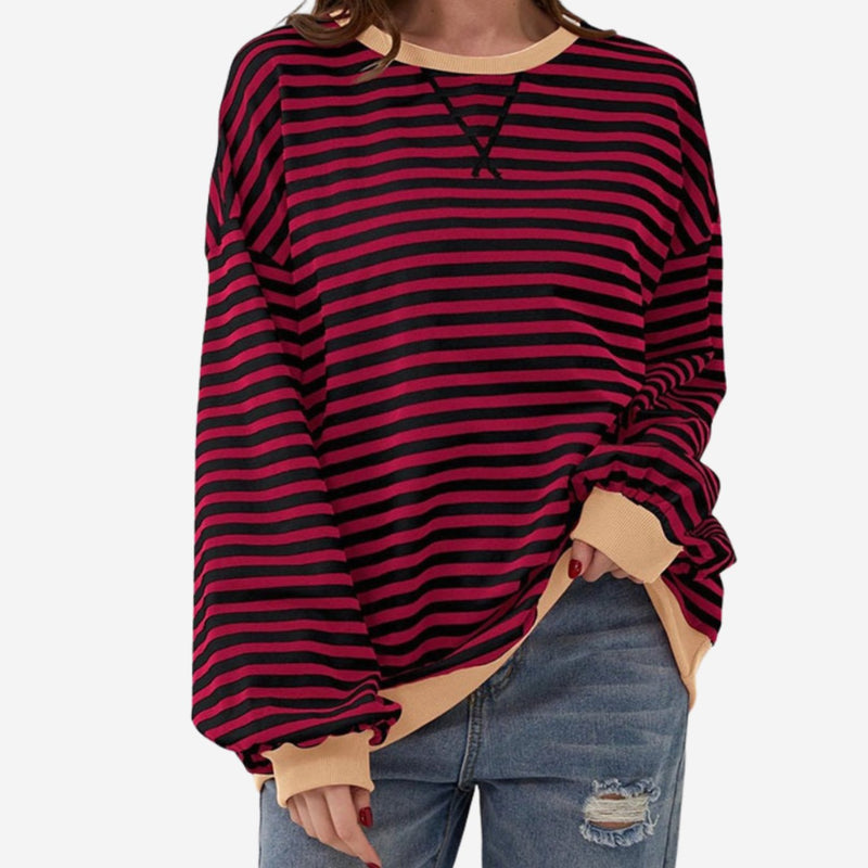 Oversized Striped Sweatshirt for Women with Crew Neck and Contrast Trim in Burgundy, front view
