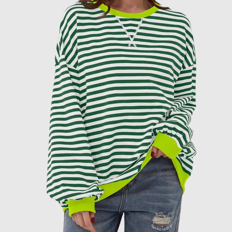 Oversized Striped Sweatshirt for Women with Crew Neck and Contrast Trim in Green, front view