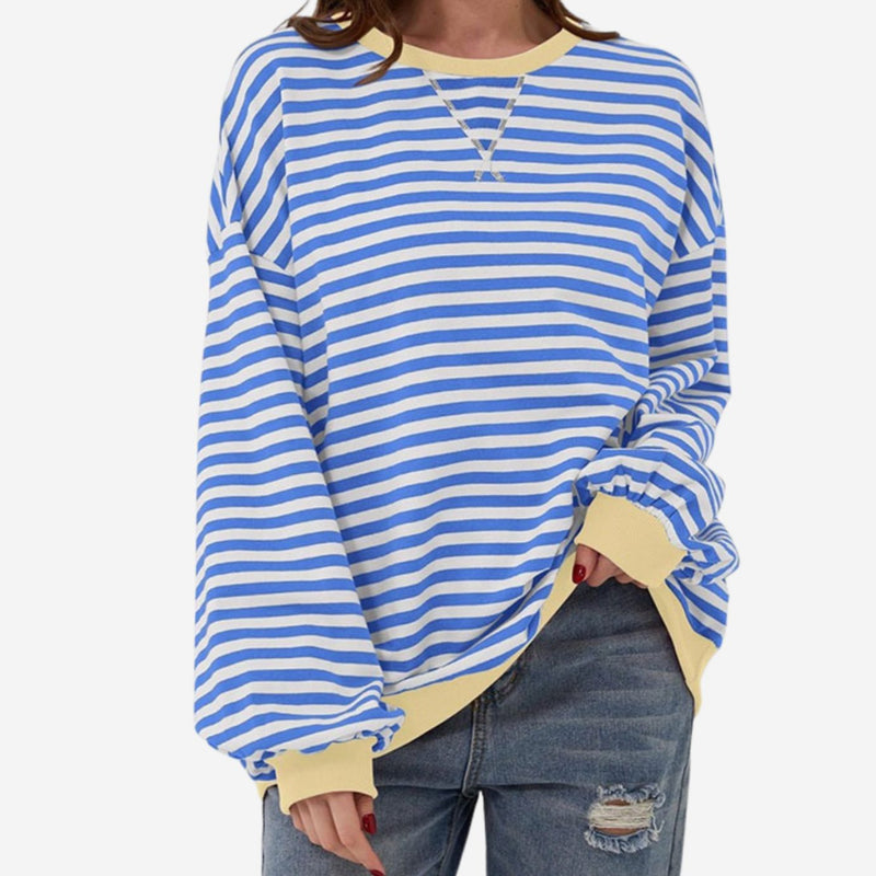 Oversized Striped Sweatshirt for Women with Crew Neck and Contrast Trim in Light Blue, front view