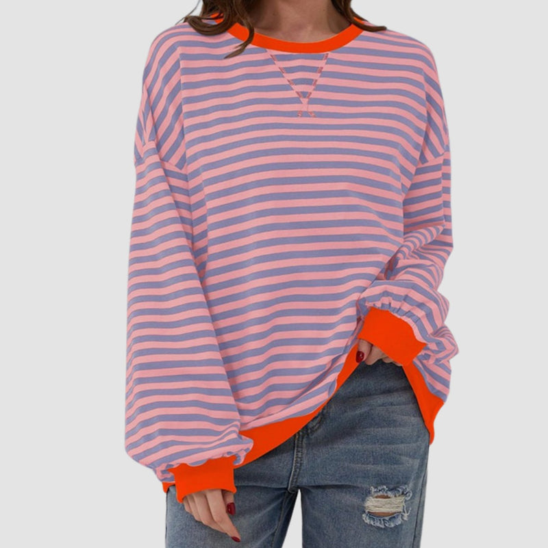 Oversized Striped Sweatshirt for Women with Crew Neck and Contrast Trim in Pink, front view
