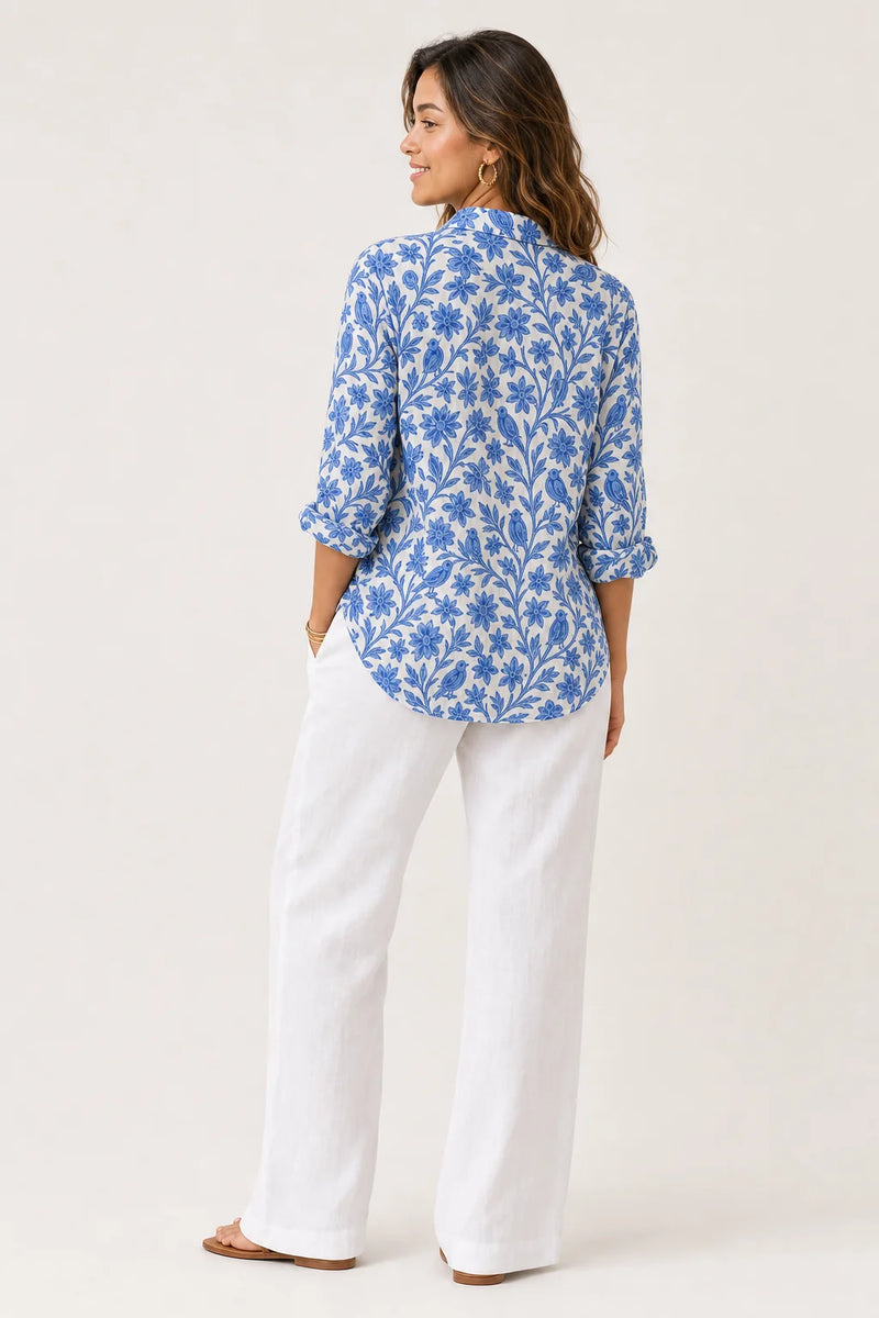 Sofaine Cora blue botanical floral print blouse in Multicolor, worn back